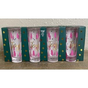 New In Box Tag‎ Joy Pink Christmas Trees Shot Glass Set of 4 Holiday Celebration
